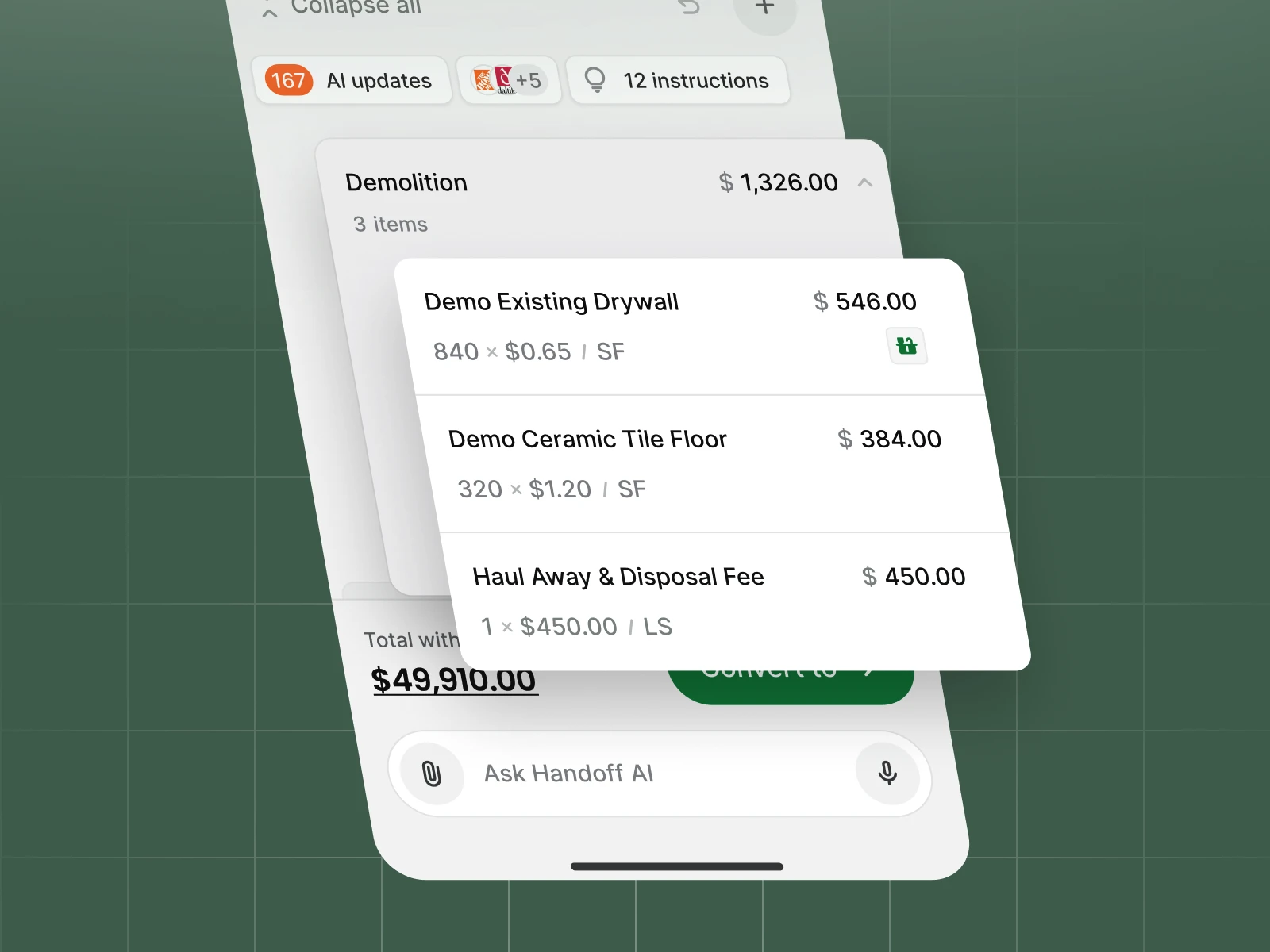 See labor, materials, markup, and projected profit together