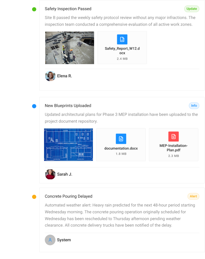 Project Feed — live timeline with updates, documents and alerts